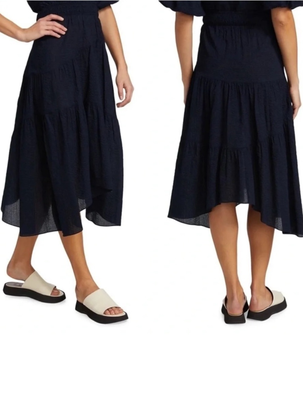 Frame Denim Navy High-Low Tiered Midi Skirt